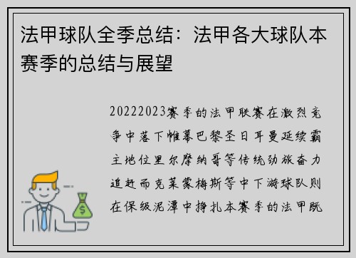 法甲球队全季总结：法甲各大球队本赛季的总结与展望
