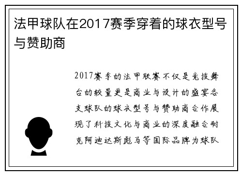 法甲球队在2017赛季穿着的球衣型号与赞助商
